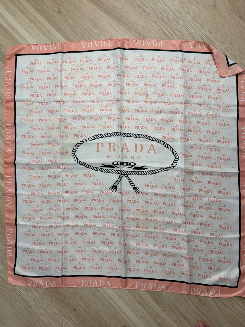 Prada Vintage White Silk Scarf with Pink Logo Repeat and Black Emblem